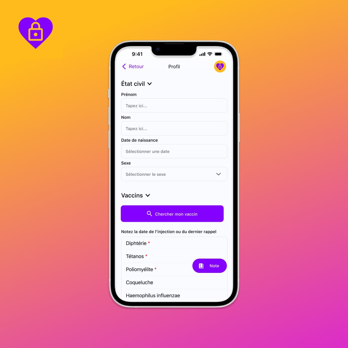 interface de l’application mobile montrant la forme du dossier de santé, avec un schéma de couleurs violet et orange, conception moderne de l’UI