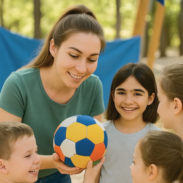 Monitrice donnant un ballon aux enfants